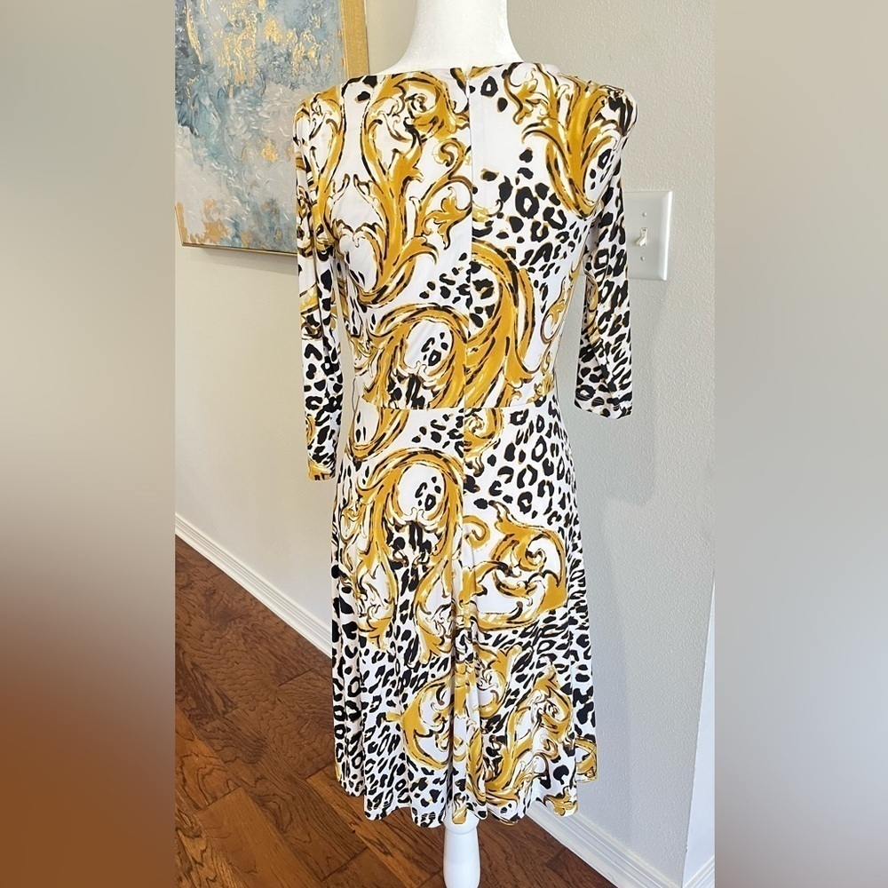 Tahari Yellow and Black Long Sleeve Dress with Cheetah Print, Size 4 - Picture 4 of 5